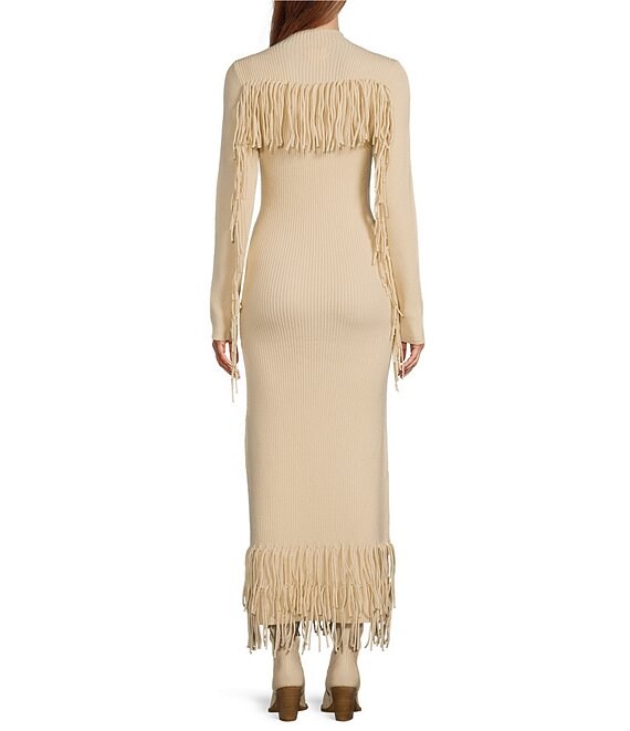 Mock Neck Fringe Maxi Sweater Dress