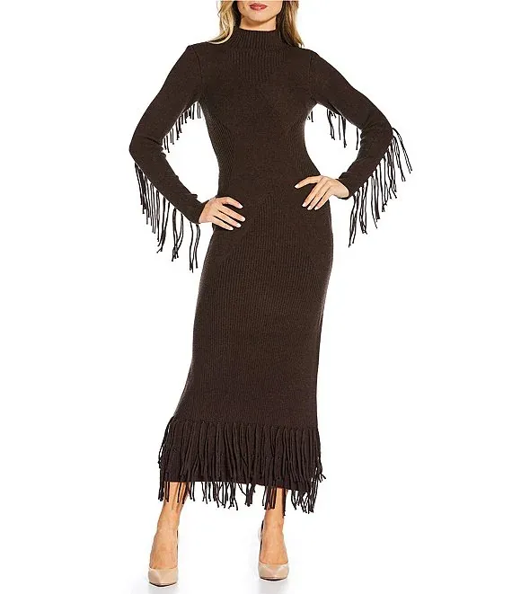Mock Neck Fringe Maxi Sweater Dress