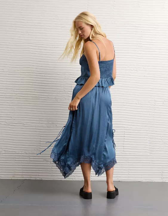 Smoky Blue Satin Lace Cami & Maxi Skirt Set