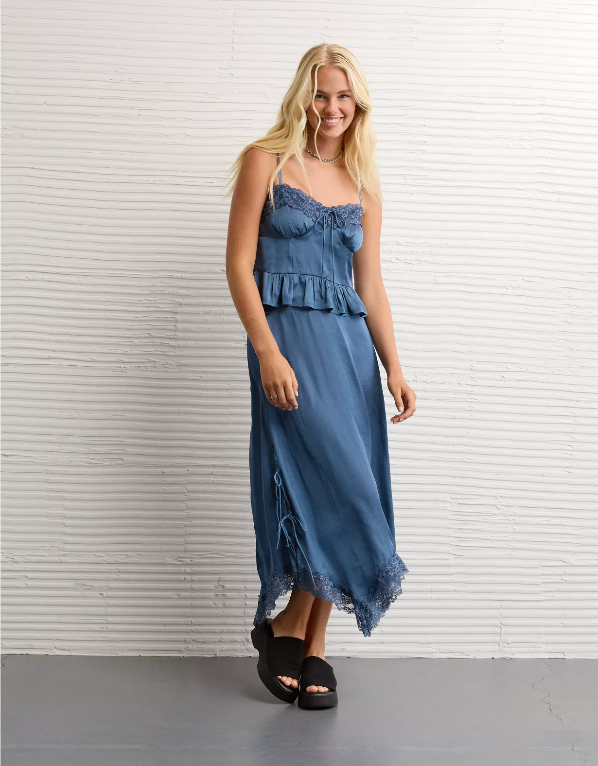 Smoky Blue Satin Lace Cami & Maxi Skirt Set