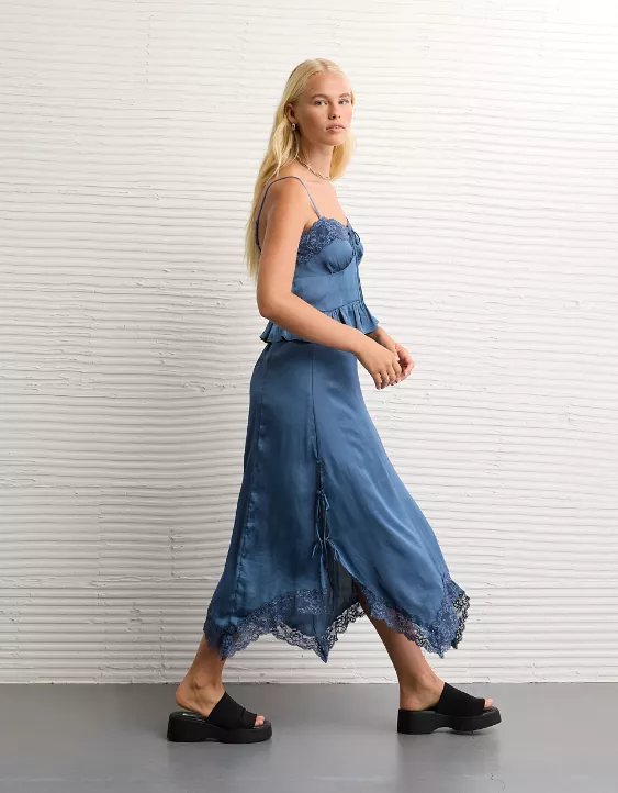 Smoky Blue Satin Lace Cami & Maxi Skirt Set