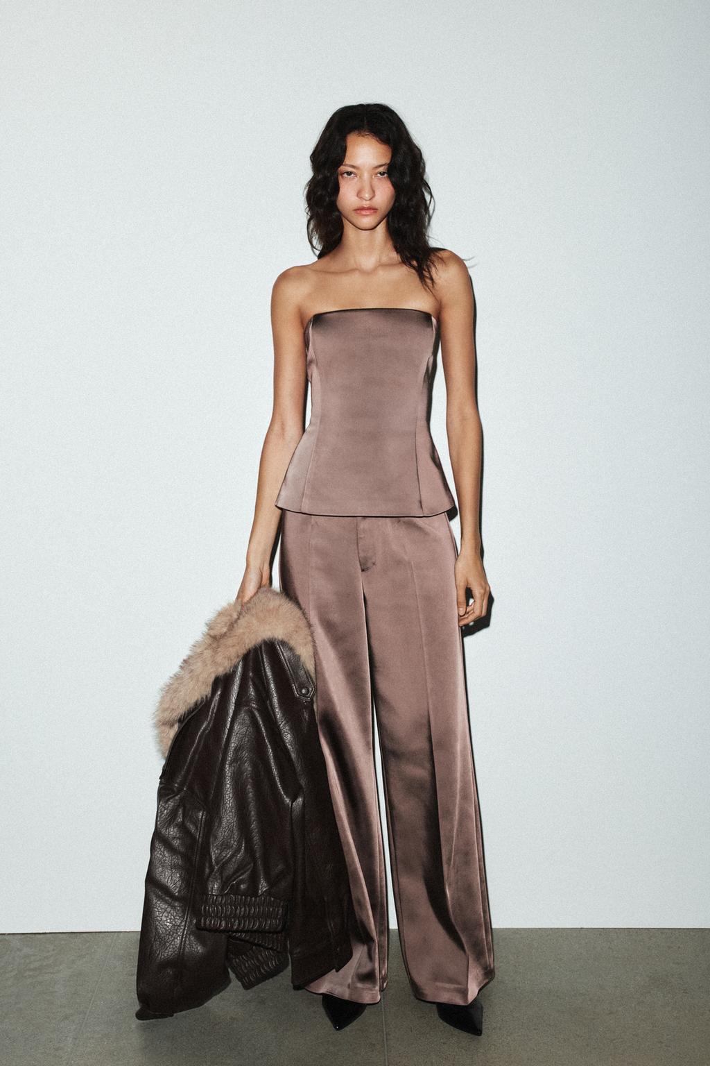 Cocoa Satin Strapless Top