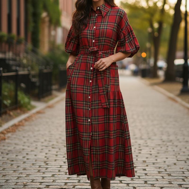 Plaid Flannel Christmas Maxi Dress – Cozy Holiday Look