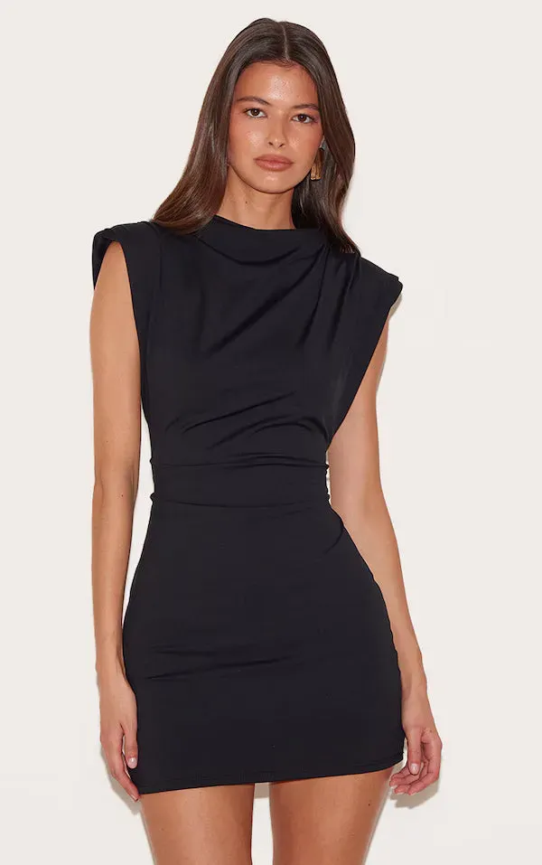 Black Structured Boat Neck Mini Dress