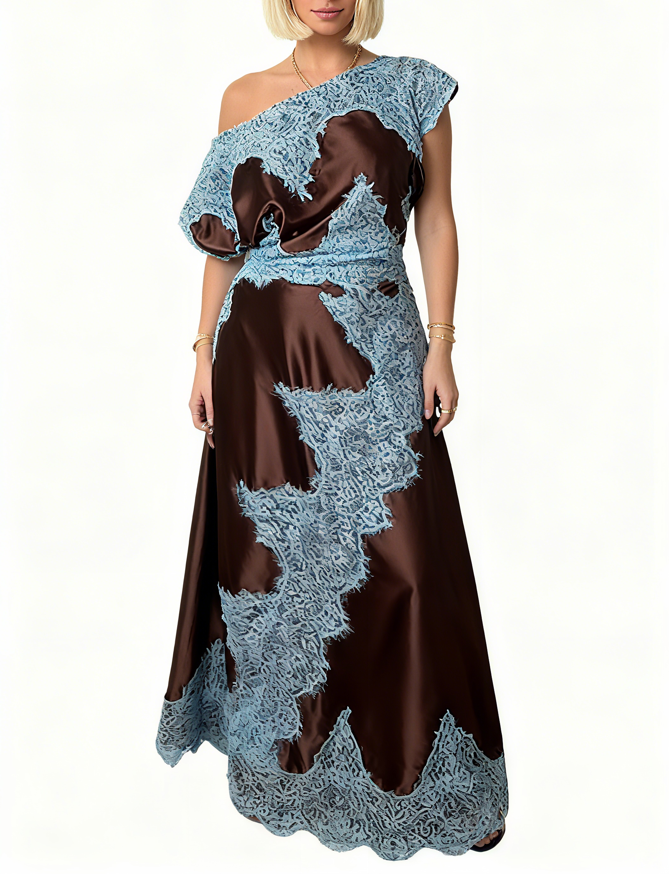 Brown Satin & Blue Lace Off-Shoulder Maxi Dress
