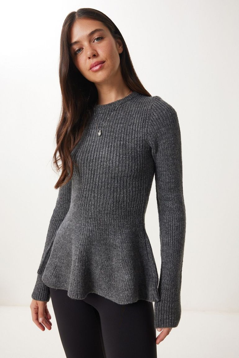 Charcoal Ruffle-Hem Knit Top