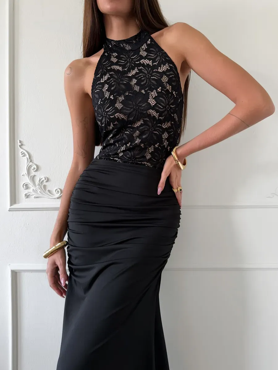 Noir Lace Siren Satin Gown