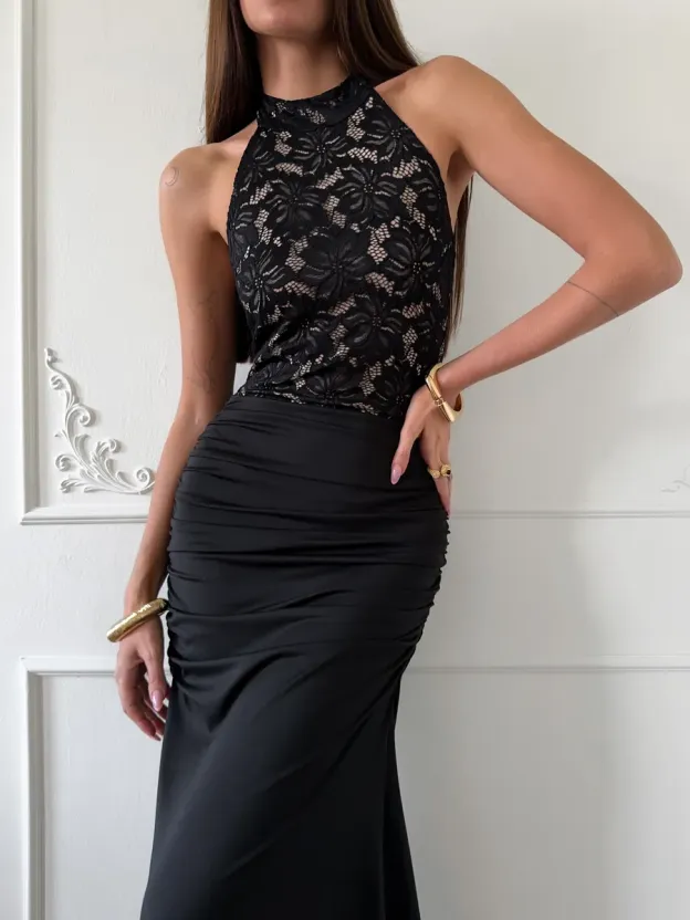 Noir Lace Siren Satin Gown