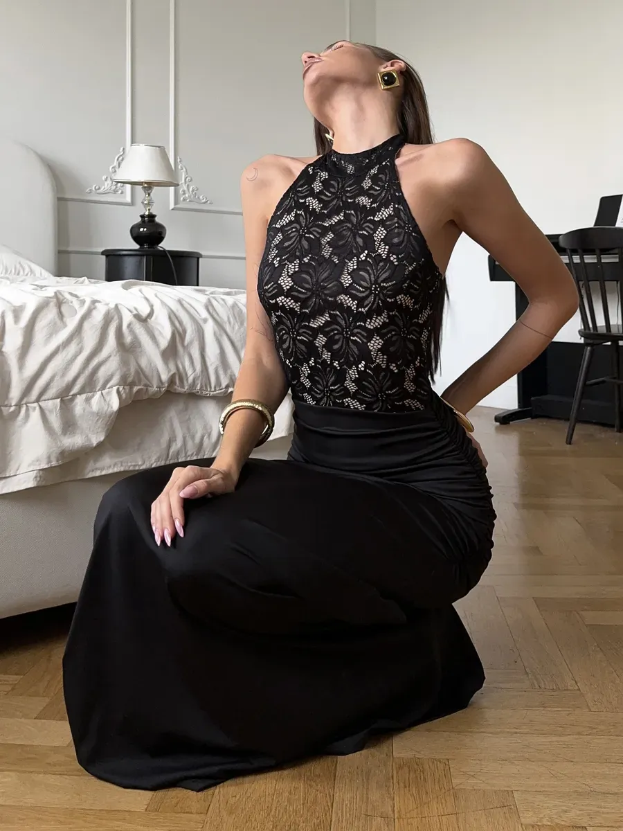 Noir Lace Siren Satin Gown