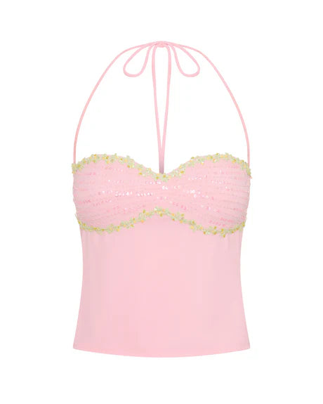 Pink Bloom Halter Sequin Top