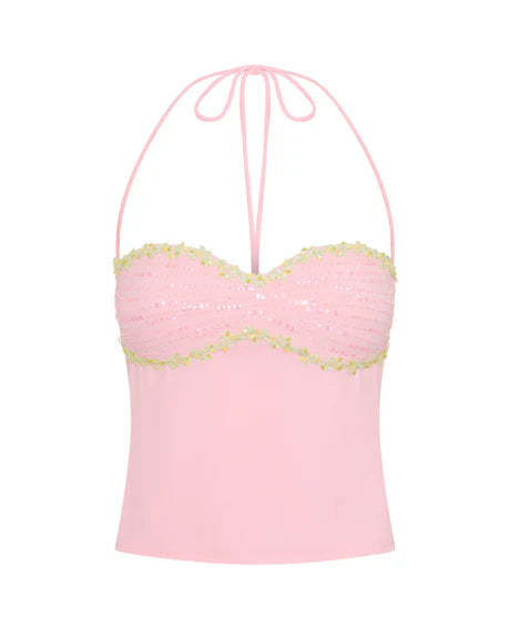 Pink Bloom Halter Sequin Top