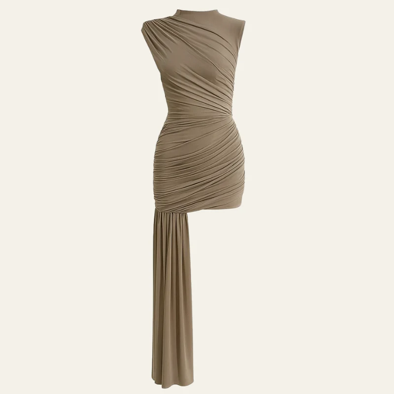 Khaki Whisper Ruched Mini Dress