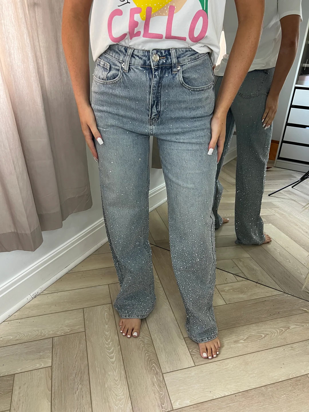 Ombre Rhinestone Wide Leg Jeans