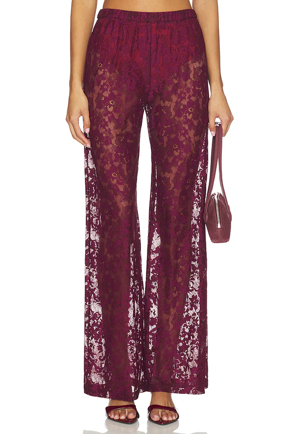 Crimson Elegance Lace Wide-Leg Pants