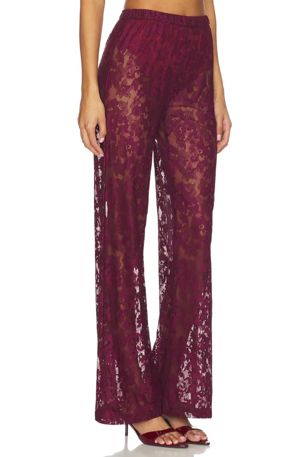 Crimson Elegance Lace Wide-Leg Pants