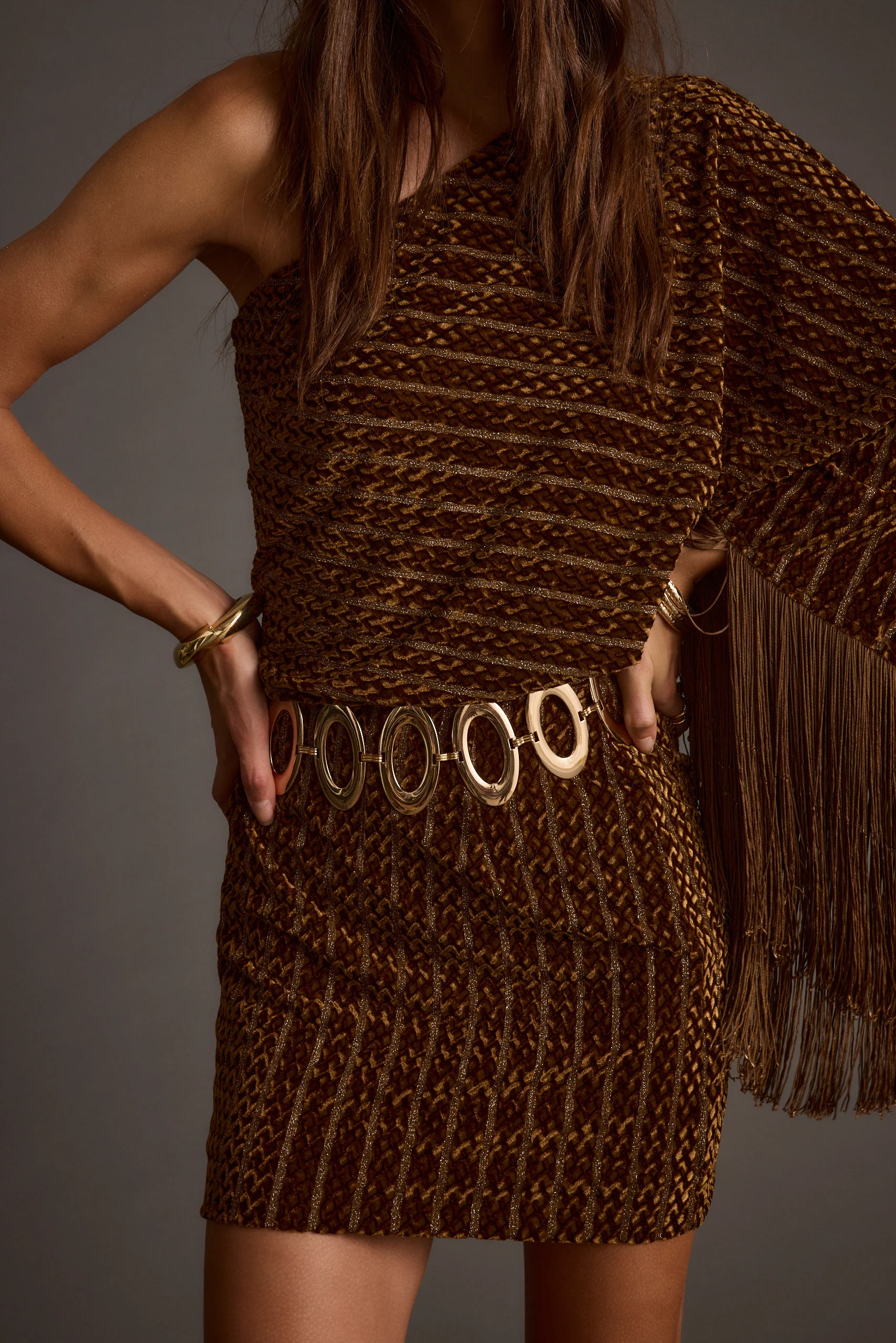 Amber One-Shoulder Velvet Tassel Mini Dress