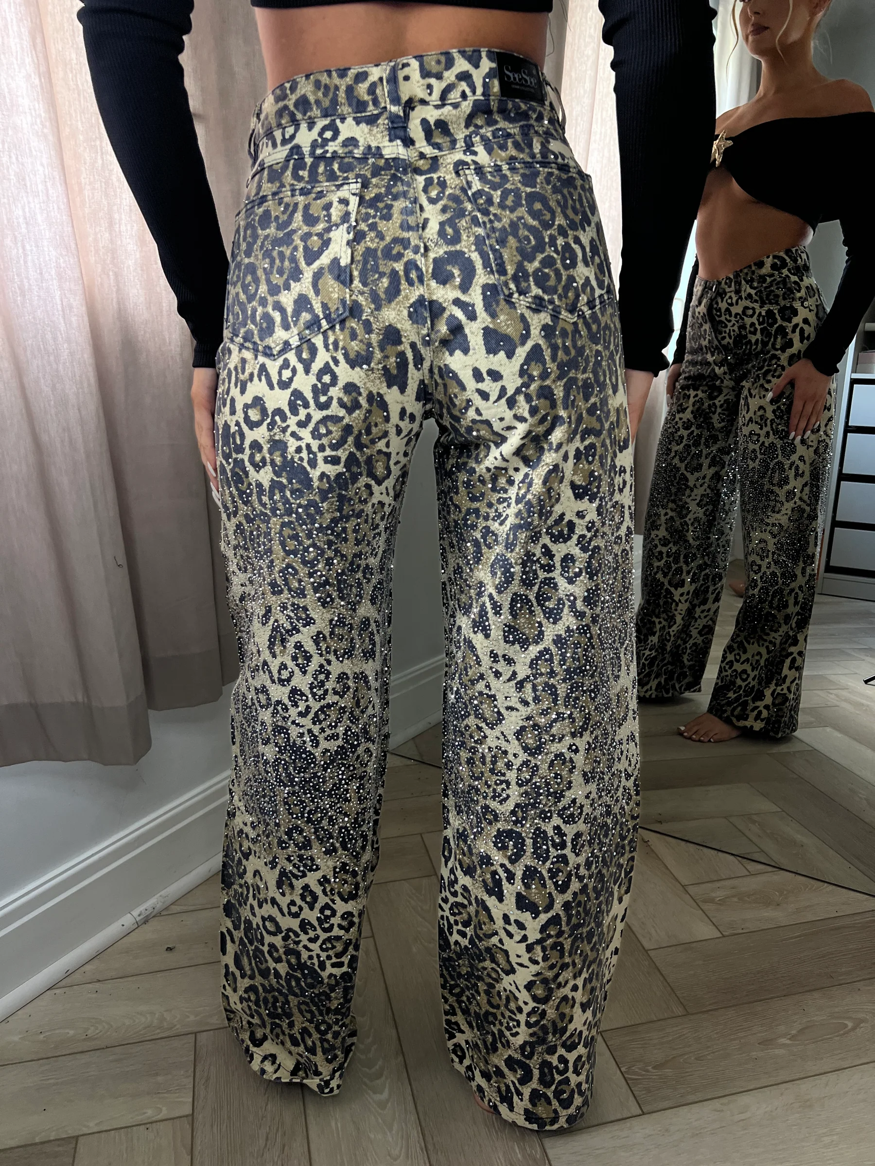 Leopard Rhinestone Wide Leg Jeans