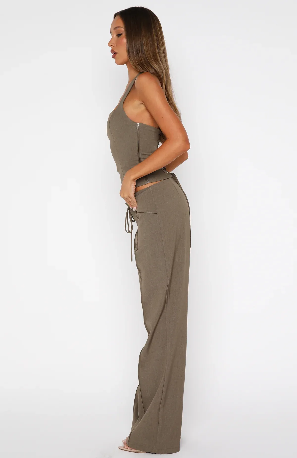 Taupe Tie-Waist Tailored Wide-Leg Pants