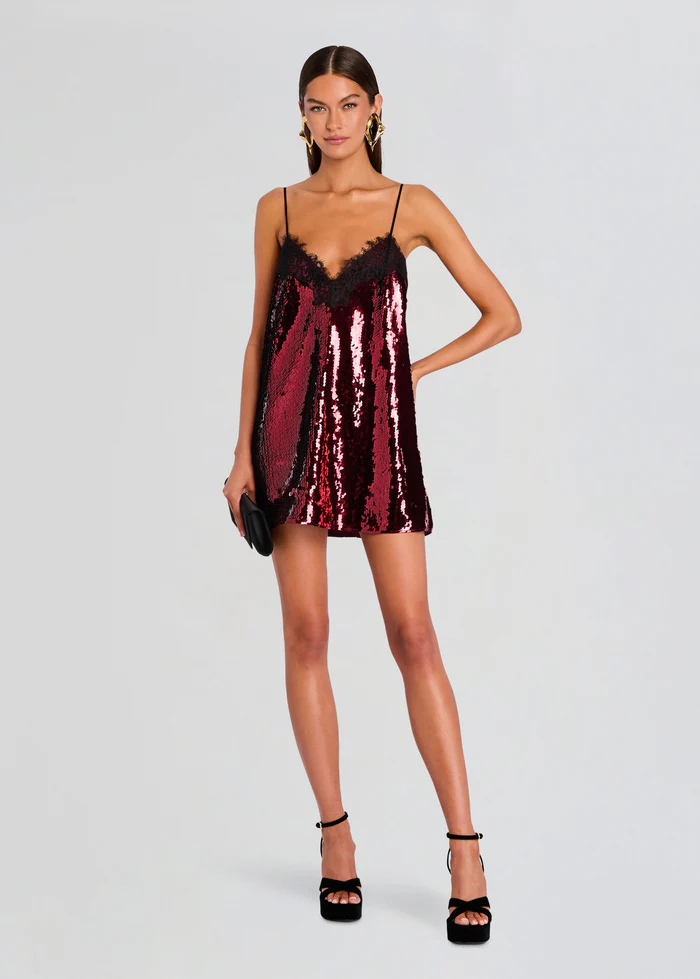 Burgundy Sequin Lace Party Dress