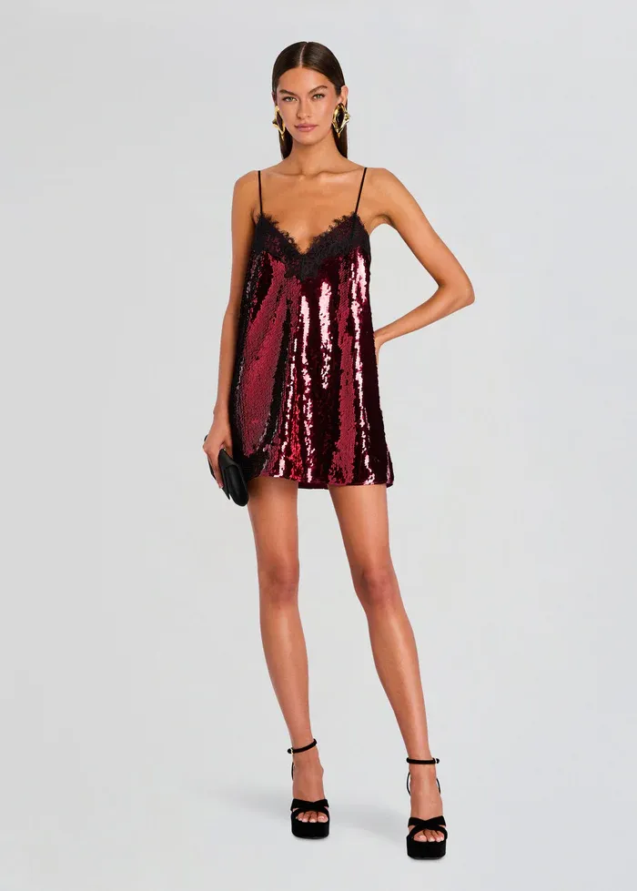 Burgundy Sequin Lace Party Dress