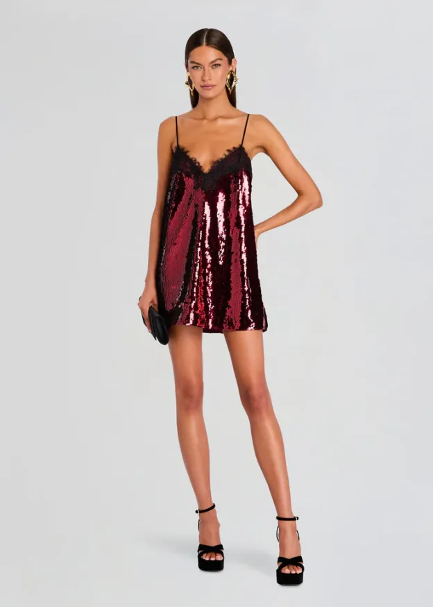 Burgundy Sequin Lace Party Dress