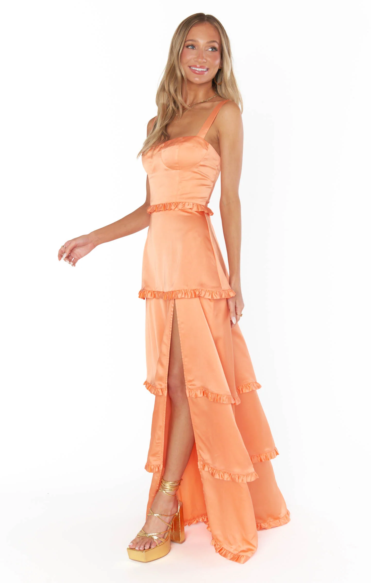 Amber Glow Cascade Maxi Dress