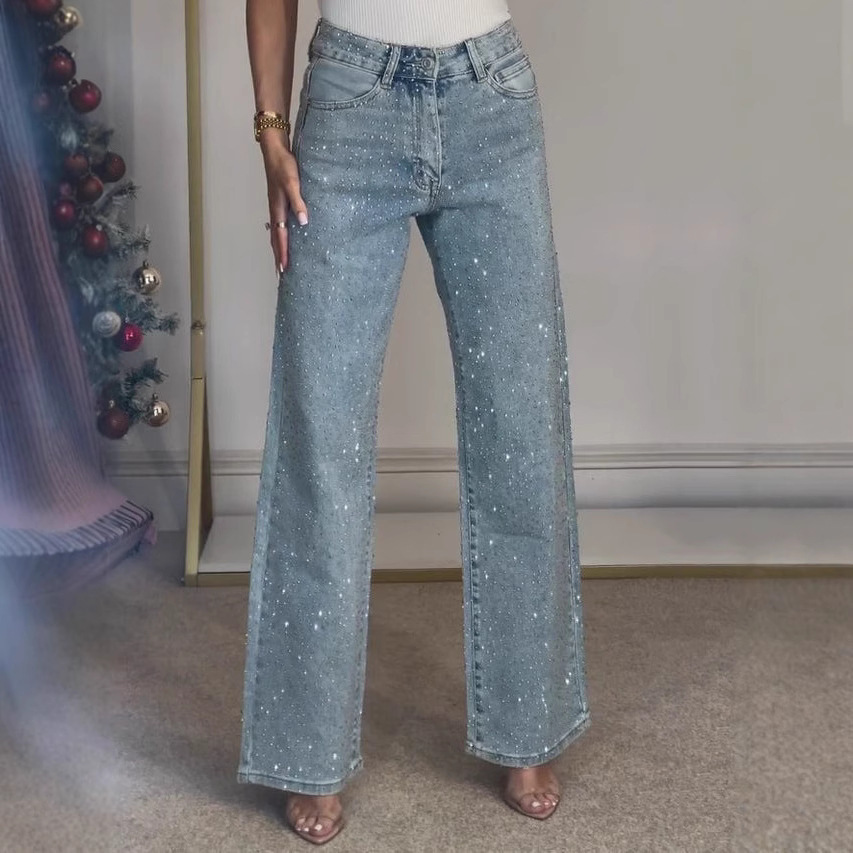 Rhinestone Washed Stretch Straight Jeans