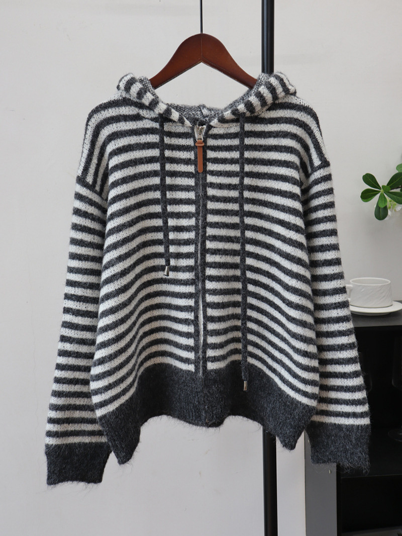 Striped Zip-Up Hoodie Knit Cardigan – Casual Chic