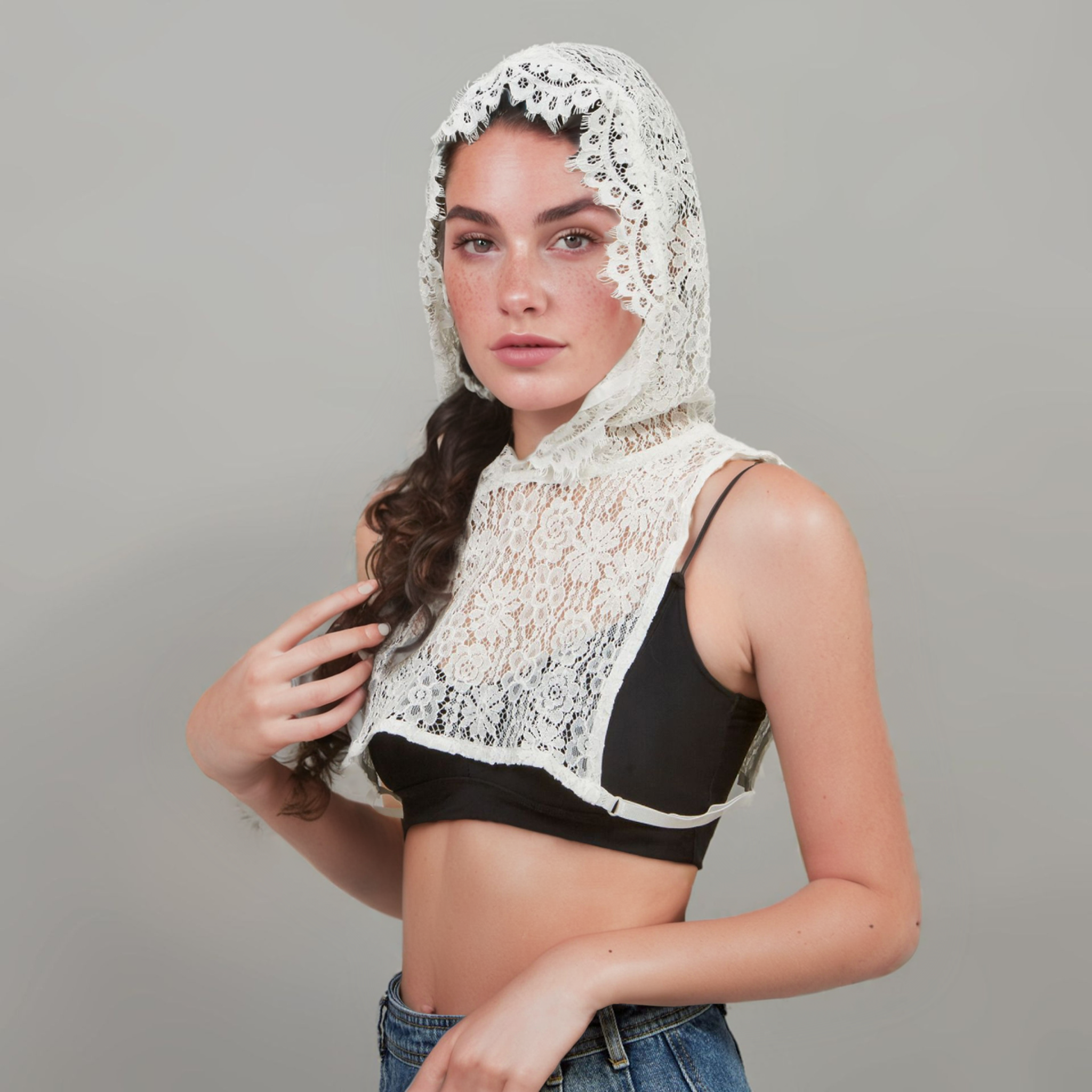 Lace Hooded Faux Collar Top