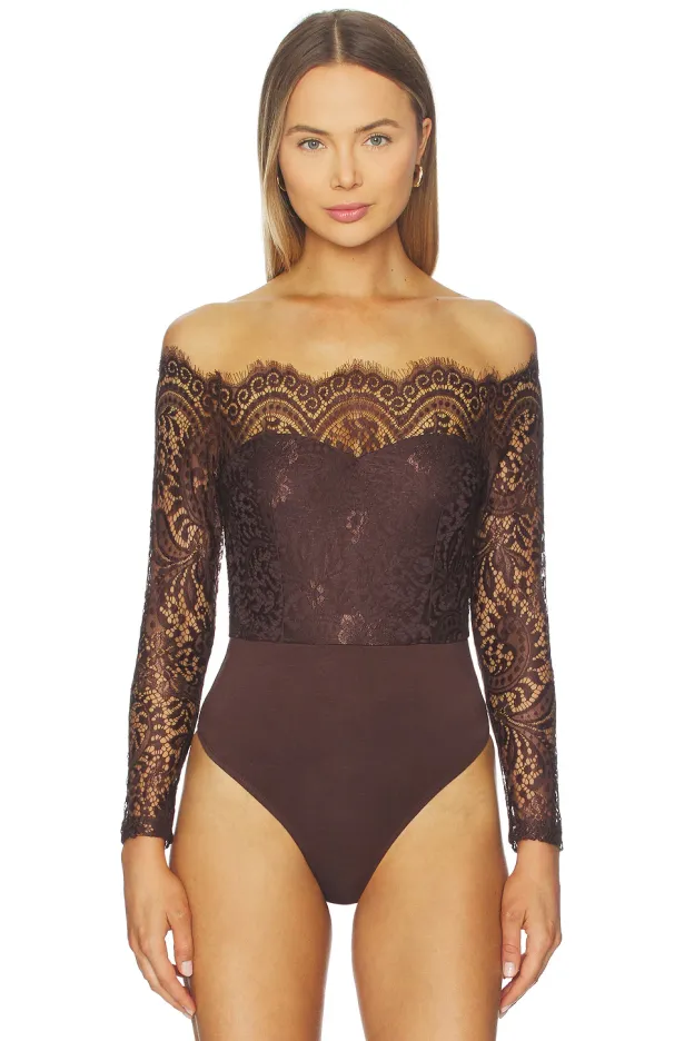 Brown Lace Off-Shoulder Bodysuit – Elegant Allure