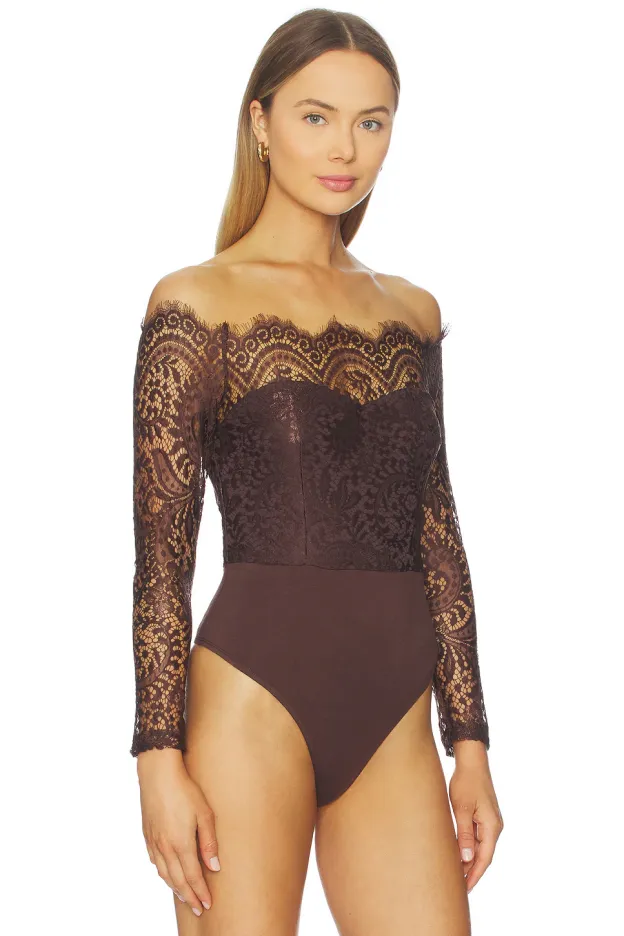 Brown Lace Off-Shoulder Bodysuit – Elegant Allure