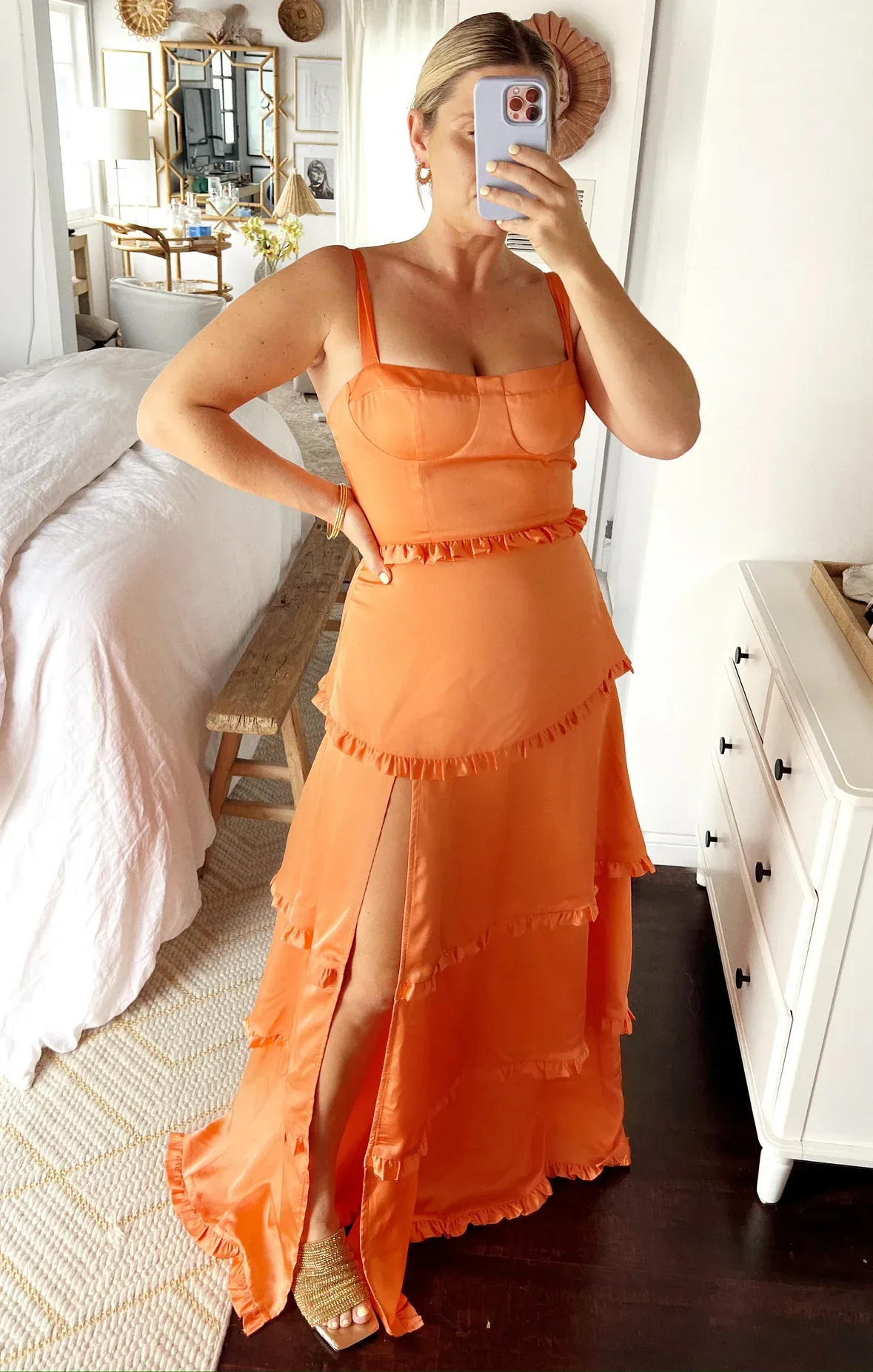Amber Glow Cascade Maxi Dress