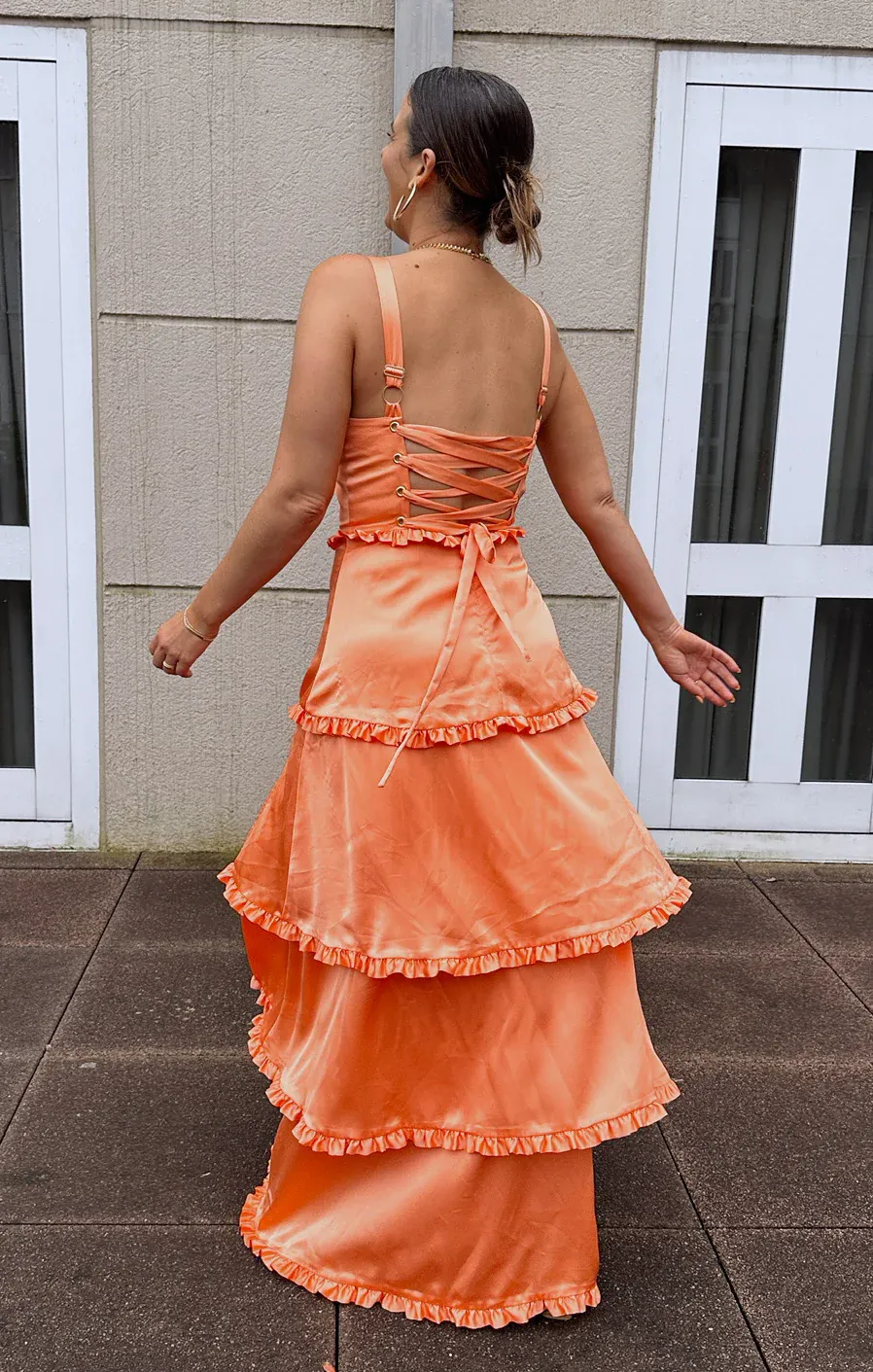 Amber Glow Cascade Maxi Dress