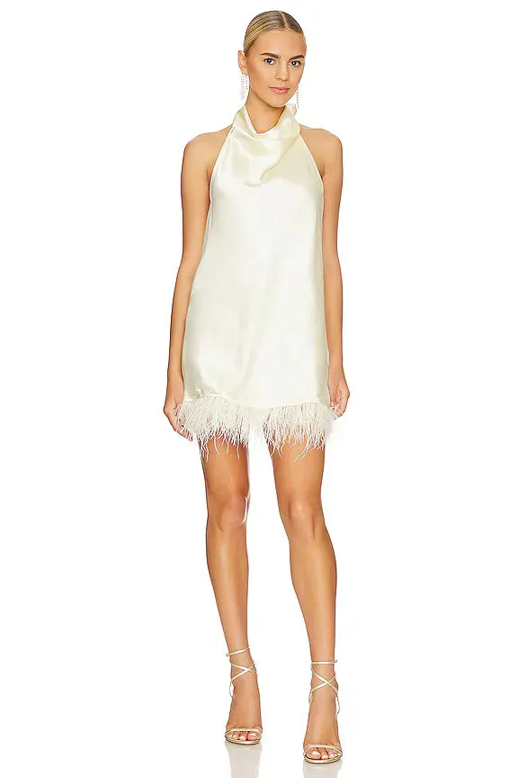 Beige Feather Hem Halter Mini Dress