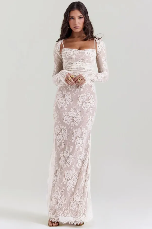 White Lace Corset Maxi Dress With Bolero