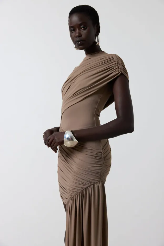 Khaki Whisper Ruched Mini Dress