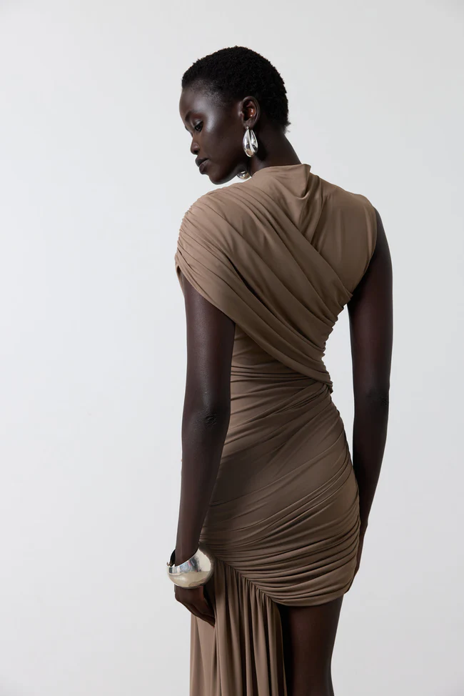 Khaki Whisper Ruched Mini Dress