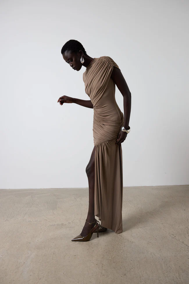 Khaki Whisper Ruched Mini Dress