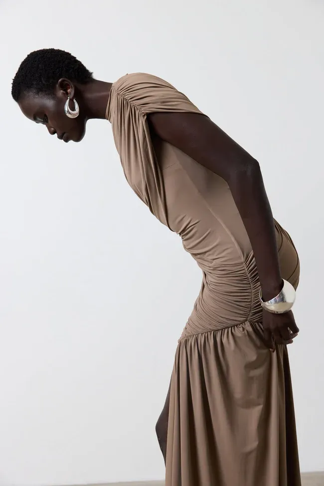 Khaki Whisper Ruched Mini Dress