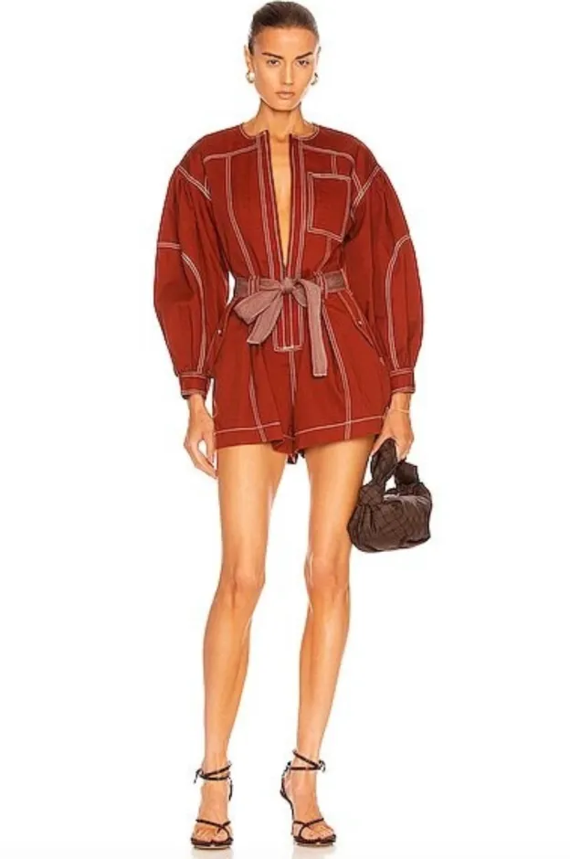 Red Brick Cotton Tie-Waist Romper