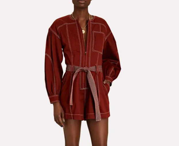 Red Brick Cotton Tie-Waist Romper
