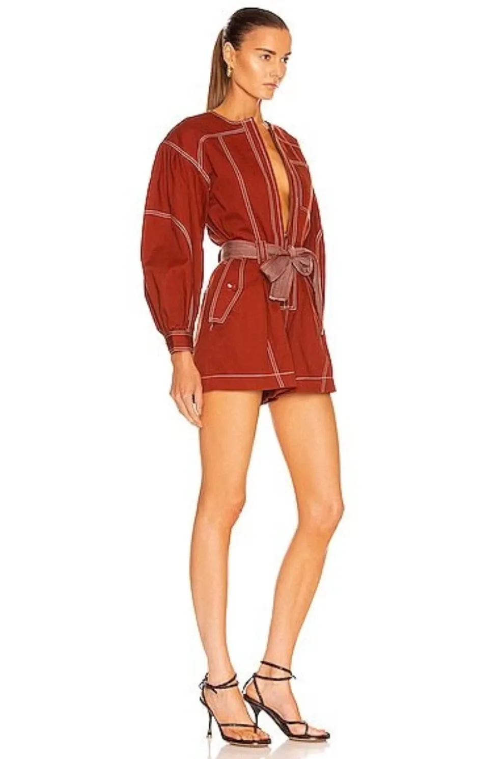 Red Brick Cotton Tie-Waist Romper