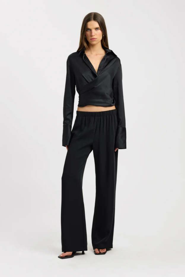 Noir Tie-Waist Satin Blouse