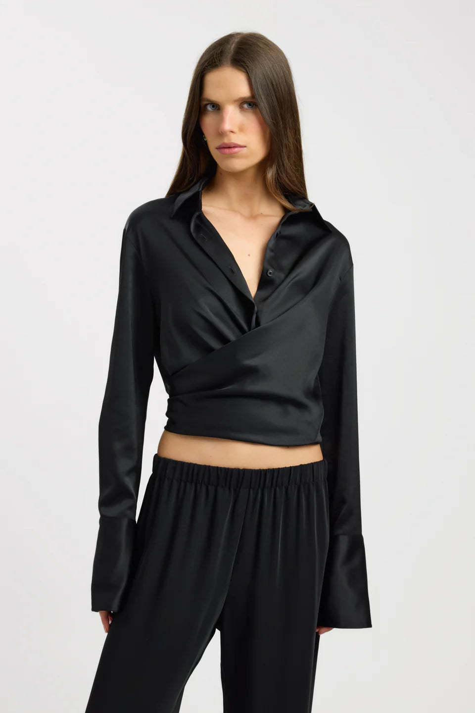Noir Tie-Waist Satin Blouse