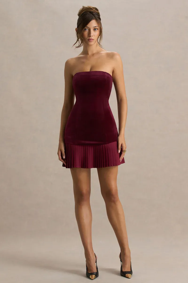 Burgundy Velvet Pleated Mini Dress – Holiday Elegance