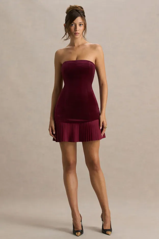 Burgundy Velvet Pleated Mini Dress – Holiday Elegance