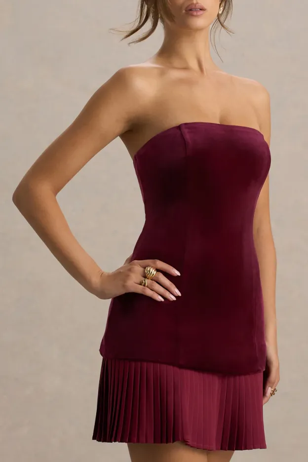 Burgundy Velvet Pleated Mini Dress – Holiday Elegance