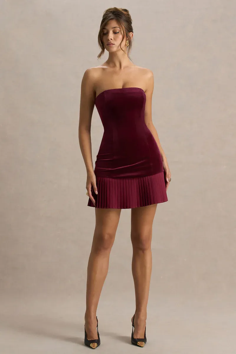 Burgundy Velvet Pleated Mini Dress – Holiday Elegance