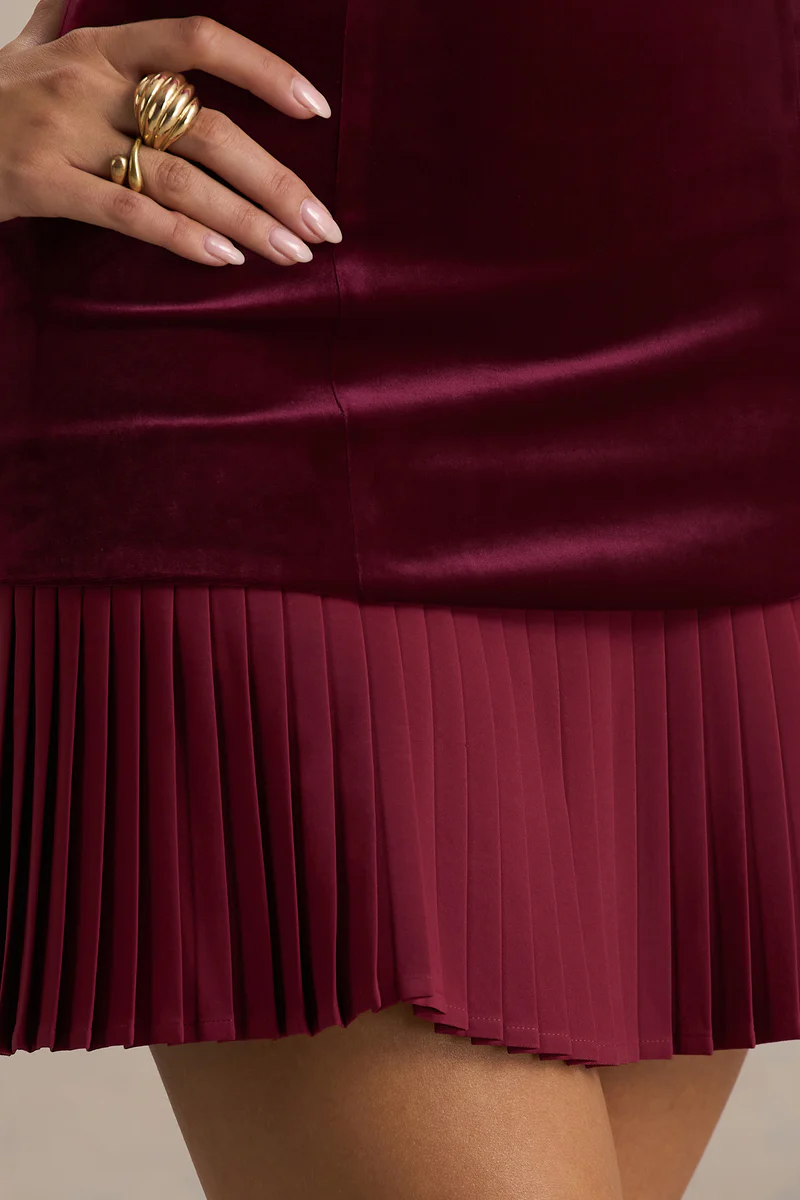 Burgundy Velvet Pleated Mini Dress – Holiday Elegance