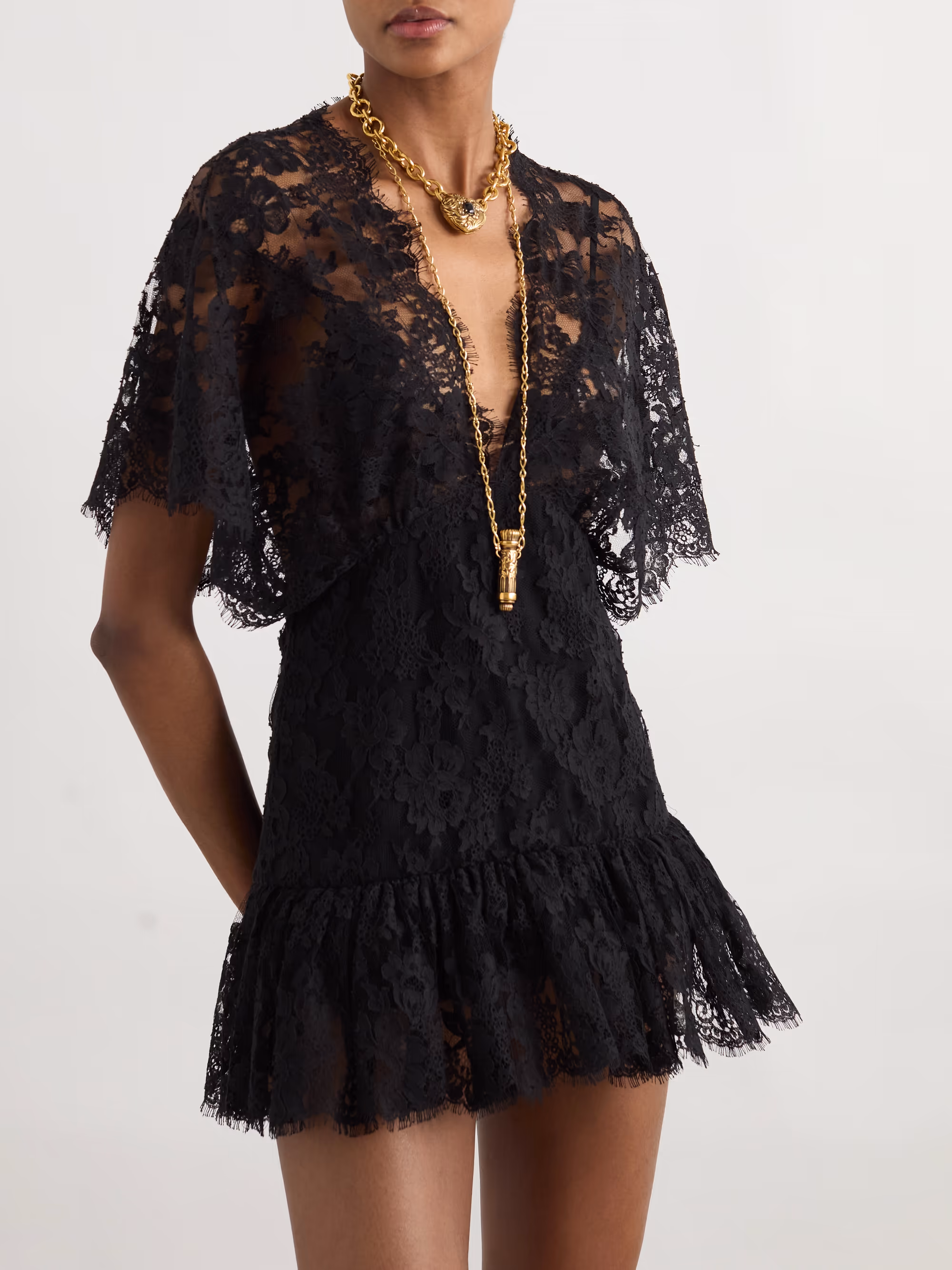 Noir Ruffle Lace Mini Dress
